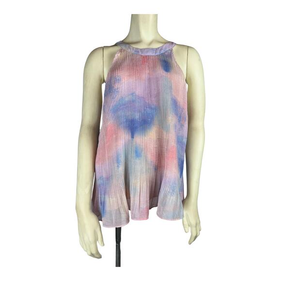 Mystree sz M Micro Pleated Pastel Watercolor Top Blouse Shirt - Picture 1 of 10